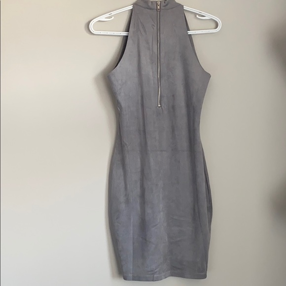 Grey Suede High Neck Fitted Dress - Picture 2 of 3